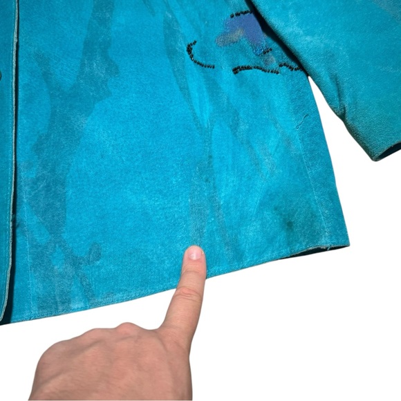 CHICO’S DESIGN‎ SUEDE LEATHER TURQUOISE BUTTERFLY EMBELLISHED JACKET SZ 1 - Picture 6 of 9